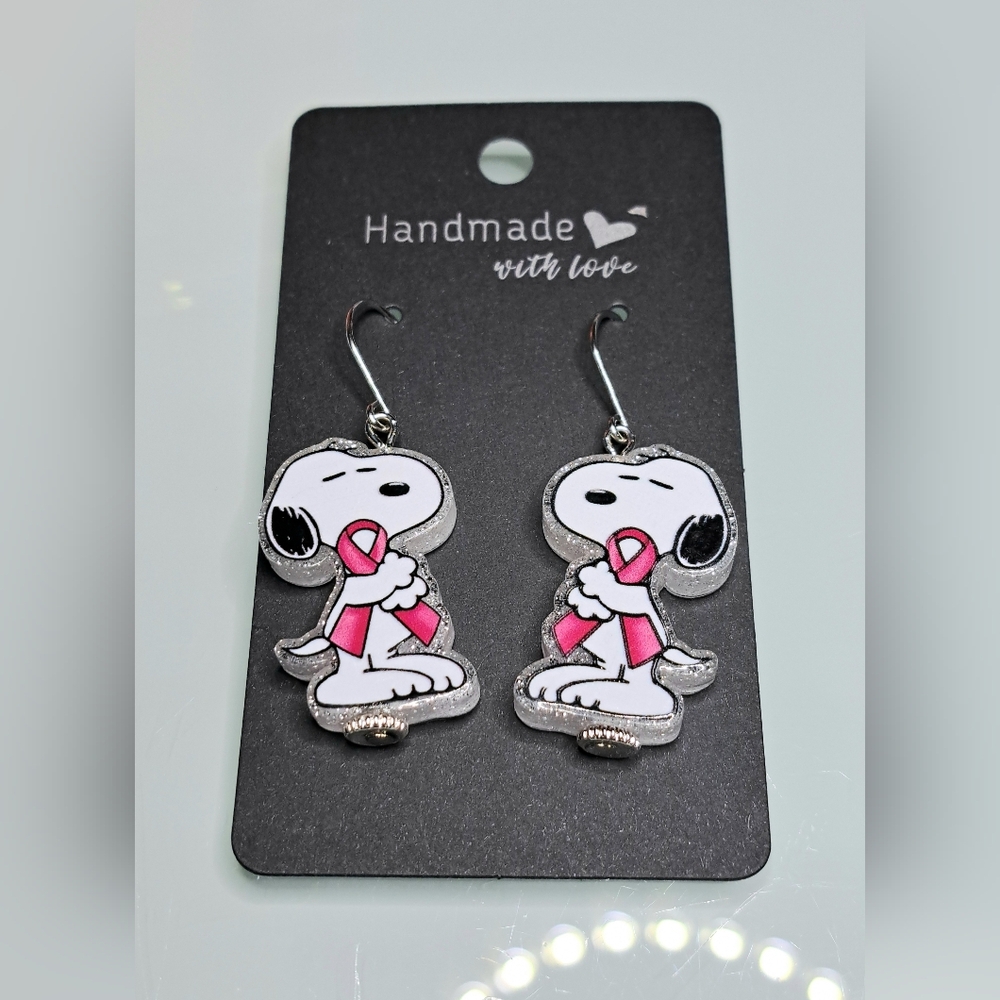 Snoopy With Cancer Ribbon Earrings With Stainless Steel Ear Wires